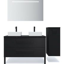 Homifab - Meuble de salle de bain suspendu 2 vasques à poser 120cm 2 tiroirs Noir + miroir + colonne ouverture droite - Glasgow