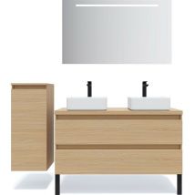 Homifab - Meuble de salle de bain suspendu 2 vasques à poser 120cm 2 tiroirs Chêne clair + miroir + colonne ouverture gauche - Hudson