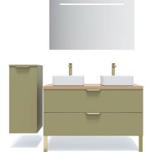 Meuble de salle de bain suspendu 2 vasques à poser 120cm 2 tiroirs Vert olive + miroir + colonne ouverture gauche - Venice