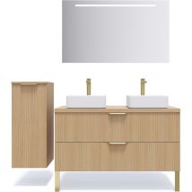 Homifab - Meuble de salle de bain suspendu 2 vasques à poser 120cm 2 tiroirs Chêne cannelé + miroir + colonne ouverture gauche - Venice