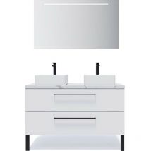 Homifab - Meuble de salle de bain suspendu 2 vasques à poser 120cm 2 tiroirs Blanc + miroir - Glasgow