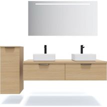 Homifab - Meuble de salle de bain suspendu 2 vasques à poser 140cm 2 tiroirs Chêne clair + miroir + colonne ouverture gauche - Soho