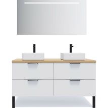 Homifab - Meuble de salle de bain suspendu 2 vasques à poser 140cm 4 tiroirs Blanc + miroir - Soho