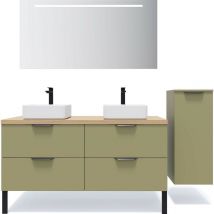 Homifab - Meuble de salle de bain suspendu 2 vasques à poser 140cm 4 tiroirs Vert olive + miroir + colonne ouverture droite - Soho