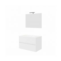 Abitare - Meuble de salle de bain suspendu 80 cm en bois blanc brillant avec vasque et miroir - Empoli - Avec colonne miroir et lampe led