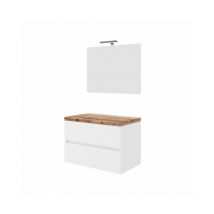 Abitare - Meuble de salle de bain suspendu 80 cm en bois blanc brillant et plateau en chêne naturel avec vasque et miroir - Civo - Con colonna