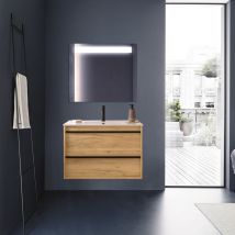 Abitare - Meuble de salle de bain suspendu 80 cm en bois de chêne africain avec vasque intégré - Astoria - Avec miroir et lampe led