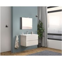 Abitare - Meuble de salle de bain suspendu 80 cm en bois de chêne gris avec vasque et miroir - Empoli - Avec colonne miroir et lampe led