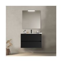 Caesaroo - Meuble de salle de bain suspendu 80 cm en bois noir satiné avec vasque intégré - Nova - Avec colonne miroir et lampe led