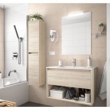 Caesaroo - Meuble de salle de bain suspendu 80 cm en bois de chêne calédonien avec lavabo encastré - Nova - 80 cm Avec miroir et lampe led