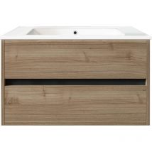 Mennza - Meuble de salle de bain suspendu 80cm double edge bois clair - Vasque en céramique