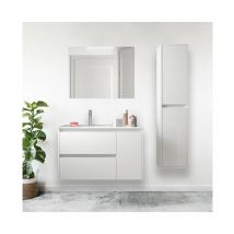 Caesaroo - Meuble de salle de bain suspendu 85 cm en bois blanc brillant avec vasque intégré - Nova - Avec miroir et lampe led