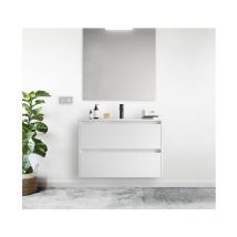 Abitare - Meuble de salle de bain suspendu 90 cm en bois blanc brillant avec vasque intégré - Nova - Avec miroir et lampe led