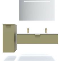 Homifab - Meuble de salle de bain suspendu double vasque intégrée 120cm 1 tiroir Vert olive + miroir + colonne ouverture gauche - Venice