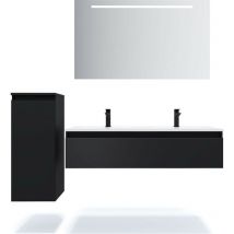 Homifab - Meuble de salle de bain suspendu double vasque intégrée 120cm 1 tiroir Noir + miroir + colonne ouverture gauche - Hudson