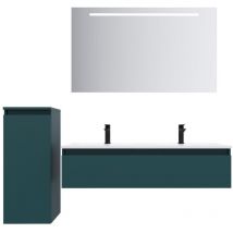 Homifab - Meuble de salle de bain suspendu double vasque intégrée 120cm 1 tiroir Bleu + miroir + colonne ouverture gauche - Hudson