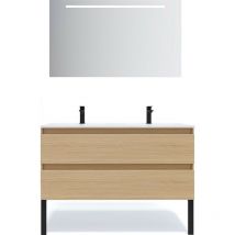 Homifab - Meuble de salle de bain suspendu double vasque intégrée 120cm 2 tiroirs Chêne clair + miroir - Hudson