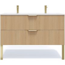 Homifab - Meuble de salle de bain suspendu double vasque intégrée 120cm 2 tiroirs Chêne cannelé - Venice