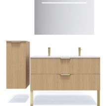 Homifab - Meuble de salle de bain suspendu double vasque intégrée 120cm 2 tiroirs Chêne cannelé +miroir +colonne ouverture gauche - Venice