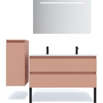 Homifab - Meuble de salle de bain suspendu double vasque intégrée 120cm 2 tiroirs Abricot + miroir + colonne ouverture gauche - Hudson