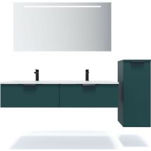 Homifab - Meuble de salle de bain suspendu double vasque intégrée 140cm 2 tiroirs Bleu + miroir + colonne ouverture droite - Soho
