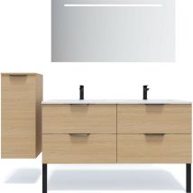 Homifab - Meuble de salle de bain suspendu double vasque intégrée 140cm 4 tiroirs Chêne clair + miroir + colonne ouverture gauche - Soho
