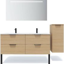 Meuble de salle de bain suspendu double vasque intégrée 140cm 4 tiroirs Chêne clair + miroir + colonne ouverture droite - Soho