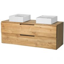 Vente-unique - Meuble de salle de bain suspendu en teck clair avec double vasque - 2 tiroirs - 115 cm - bimbing