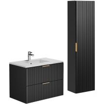 Vente-unique - Meuble de salle de bain suspendu strié avec vasque à encastrer et colonne - Noir - 80 cm - zevara