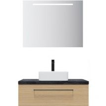 Homifab - Meuble de salle de bain suspendu vasque à poser 90cm 1 tiroir Chêne clair + miroir - Glasgow
