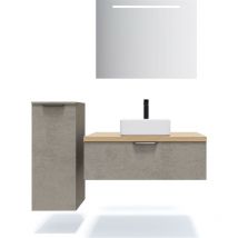 Homifab - Meuble de salle de bain suspendu vasque à poser 90cm 1 tiroir façon Béton + miroir + colonne ouverture gauche - Soho