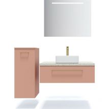 Homifab - Meuble de salle de bain suspendu vasque à poser 90cm 1 tiroir Abricot + miroir + colonne ouverture gauche - Glasgow