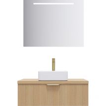 Meuble de salle de bain suspendu vasque à poser 90cm 1 tiroir Chêne cannelé + miroir - Venice