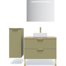 Meuble de salle de bain suspendu vasque à poser 90cm 2 tiroirs Vert olive + miroir + colonne ouverture gauche - Venice