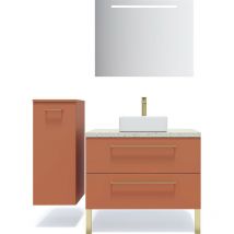 Homifab - Meuble de salle de bain suspendu vasque à poser 90cm 2 tiroirs Terracotta + miroir + colonne ouverture gauche - Glasgow