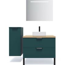 Homifab - Meuble de salle de bain suspendu vasque à poser 90cm 2 tiroirs Bleu + miroir + colonne ouverture gauche - Soho