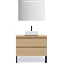 Homifab - Meuble de salle de bain suspendu vasque à poser 90cm 2 tiroirs Chêne clair + miroir - Hudson