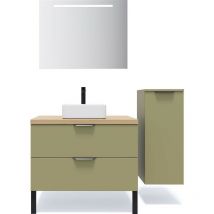 Homifab - Meuble de salle de bain suspendu vasque à poser 90cm 2 tiroirs Vert olive + miroir + colonne ouverture droite - Soho