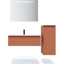 Homifab - Meuble de salle de bain suspendu vasque intégrée 90cm 1 tiroir Terracotta + miroir + colonne ouverture droite - Hudson