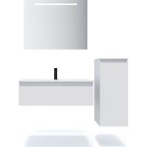 Homifab - Meuble de salle de bain suspendu vasque intégrée 90cm 1 tiroir Blanc + miroir + colonne ouverture droite - Hudson