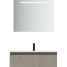 Meuble de salle de bain suspendu vasque intégrée 90cm 1 tiroir façon Béton + miroir - Hudson