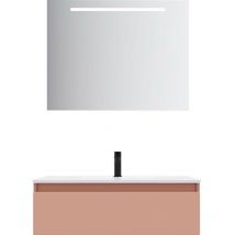 Homifab - Meuble de salle de bain suspendu vasque intégrée 90cm 1 tiroir Abricot + miroir - Hudson