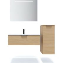 Homifab - Meuble de salle de bain suspendu vasque intégrée 90cm 1 tiroir Chêne clair + miroir + colonne ouverture droite - Venice