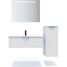 Homifab - Meuble de salle de bain suspendu vasque intégrée 90cm 1 tiroir Blanc + miroir + colonne ouverture droite - Soho