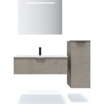 Homifab - Meuble de salle de bain suspendu vasque intégrée 90cm 1 tiroir façon Béton + miroir + colonne ouverture droite - Soho