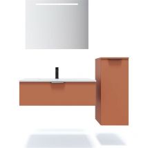Homifab - Meuble de salle de bain suspendu vasque intégrée 90cm 1 tiroir Terracotta + miroir + colonne ouverture gauche - Soho