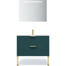 Homifab - Meuble de salle de bain suspendu vasque intégrée 90cm 2 tiroirs Bleu + miroir - Venice