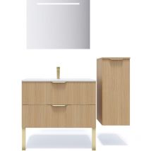 Homifab - Meuble de salle de bain suspendu vasque intégrée 90cm 2 tiroirs Chêne cannelé + miroir + colonne ouverture droite - Venice