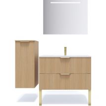 Homifab - Meuble de salle de bain suspendu vasque intégrée 90cm 2 tiroirs Chêne cannelé + miroir + colonne ouverture gauche - Venice