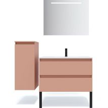 Homifab - Meuble de salle de bain suspendu vasque intégrée 90cm 2 tiroirs Abricot + miroir + colonne ouverture gauche - Hudson